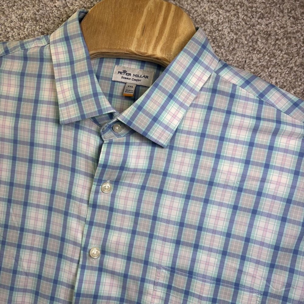 Peter Millar Summer Comfort‎ Mens XXL Blue Plaid Performance Button Down Shirt